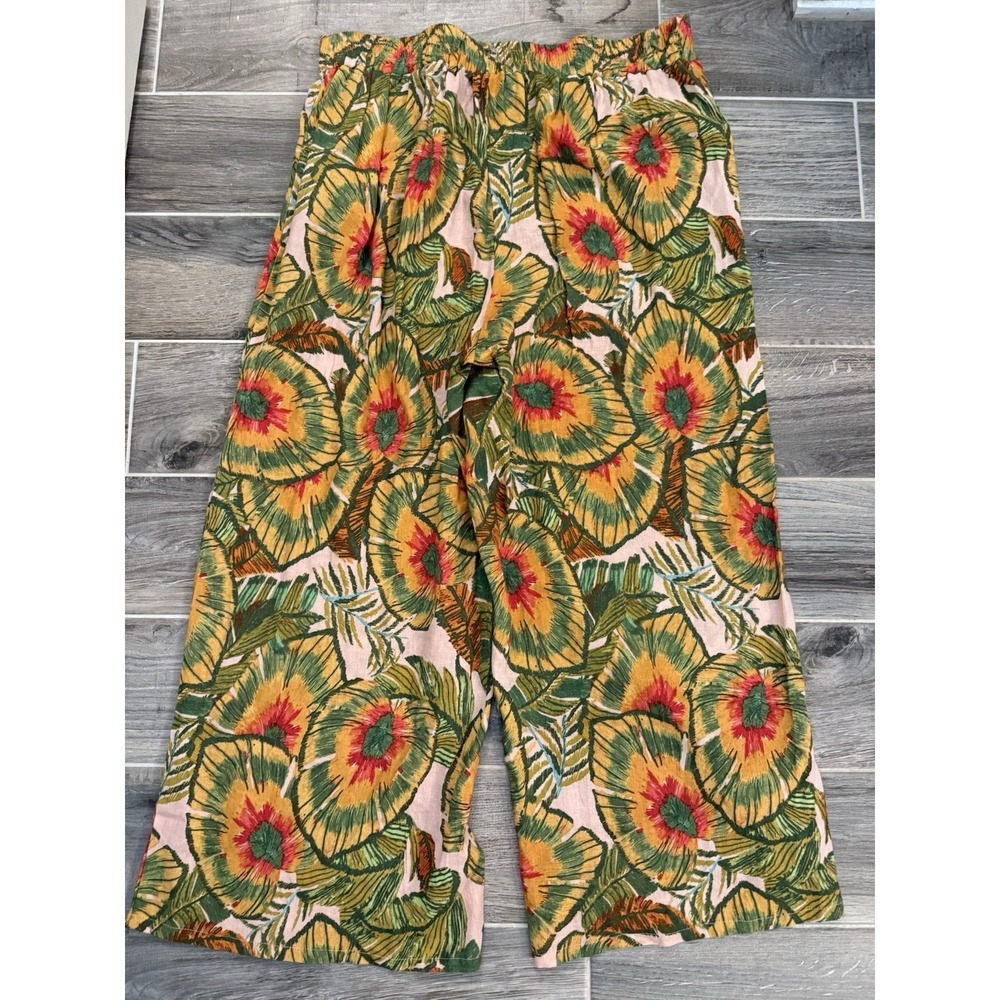 Cynthia Rowley L Women Linen Blend Leaf Wide Leg Cropped Pants Beach Boho Hippie - Picture 8 of 8